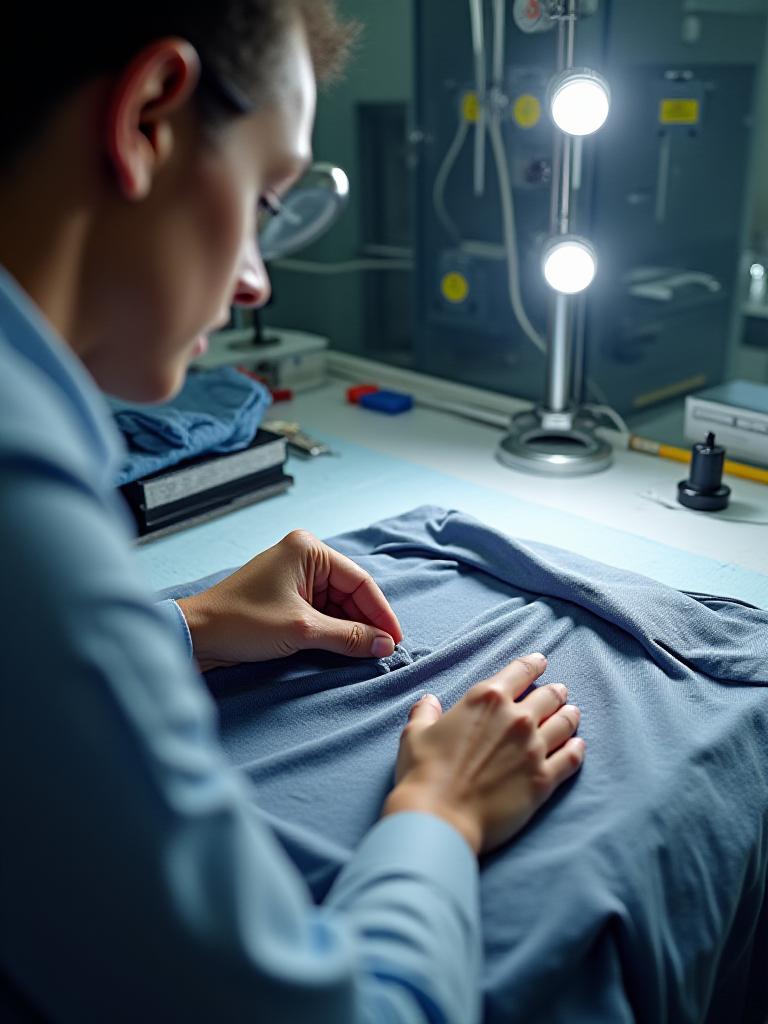Technician in Miami dry cleaner inspecting a garment for stains