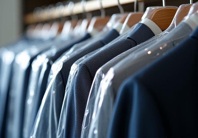 Row of freshly dry cleaned men's suits in plastic covers