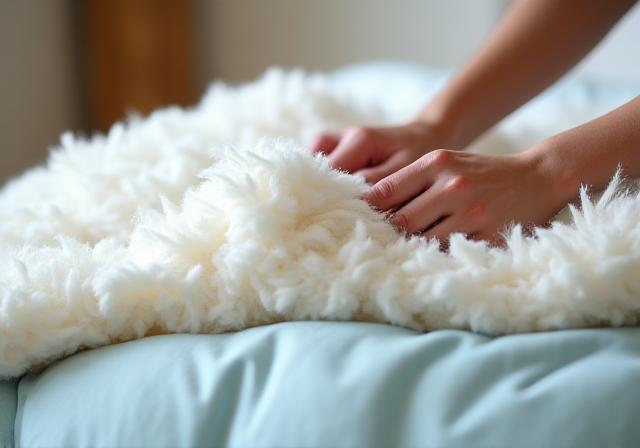 Clean fluffy comforter being folded