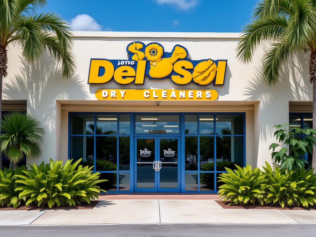 Exterior of Del Sol Dry Cleaners on a sunny Miami day
